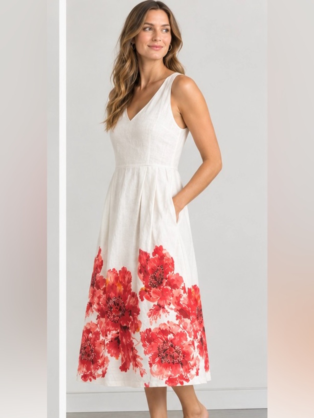 Lands' End Cotton White Sleeveless Dress with Red Floral Skirt